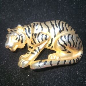 Vintage Tiger Belt Buckle Gold Tone Black Enamel Striped Big Cat Safari CHUNKY